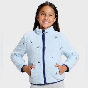 Girls Faux Shearling Zip Up Jacket - Cat & Jack Light Blue XS with Bow Accents